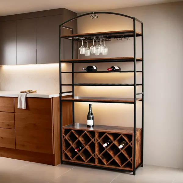 Meuble range-bouteilles industriel 32 emplacements et porte-verres (H180 cm) Marceau Marron