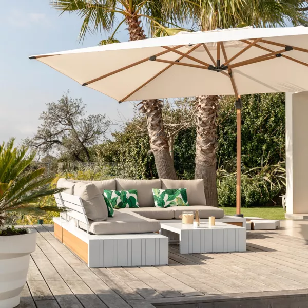 Zweefparasol rechthoekig aluminium Yucatan (L4 x 3 m) - Hout effect en wit