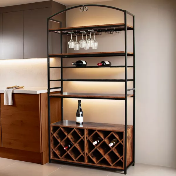 Meuble range-bouteilles industriel 32 emplacements et porte-verres (H180 cm) Marceau Marron