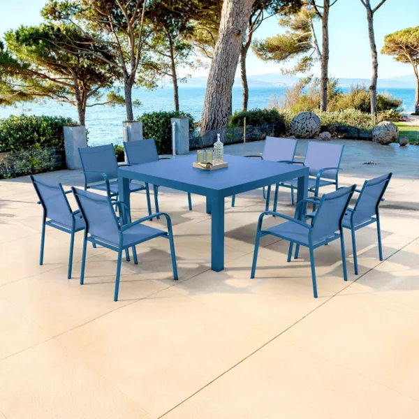 Mesa de jardín cuadrada de aluminio para 8 personas (136 x 136 cm) Murano Azul petroleo