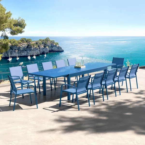 Table de jardin extensible en verre 12 places (200/320 x 100 cm) Murano Bleu pétrole