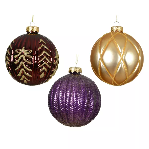 Lot de 12 boules de Noël en verre (D100 mm) Rêverie Figue bordeaux et or