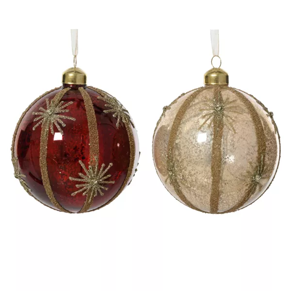 Lot de 12 boules de Noël en verre (D100mm) Feu d'artifice Perle et Bordeaux