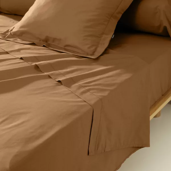 Katoenen percale platte laken (180 x 290 cm) Cali Camel