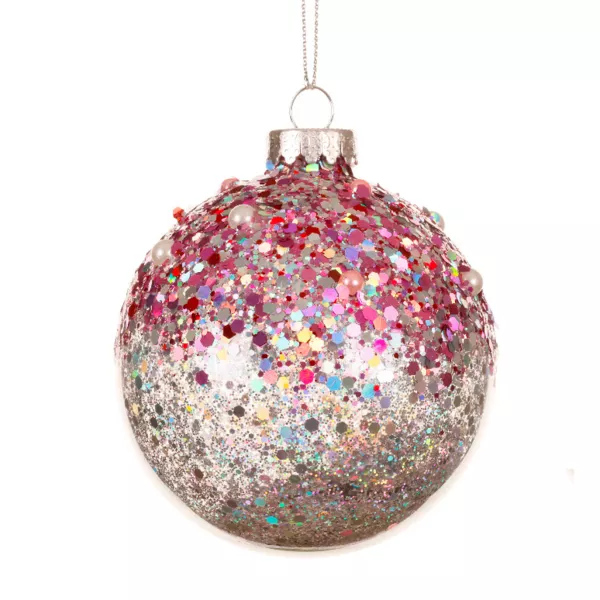 Lot de 3 boules de Noël en verre (D80 mm) Pailletées Rose