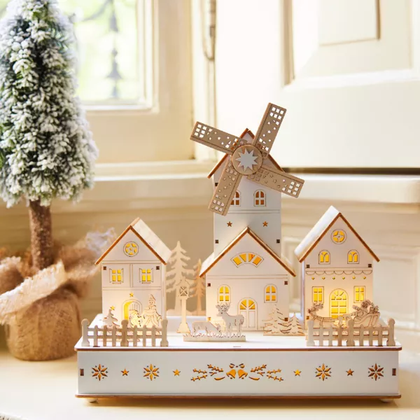 Village de Noël en bois lumineux musical et animé à piles (H26 cm) Moulin et hameau