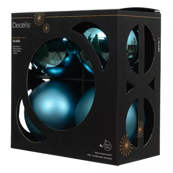 Lot de 4 Boules de Noël en verre (D100 mm) Boréal Bleu pétillant