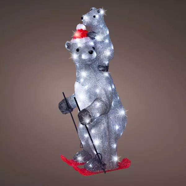 Ours polaires lumineux 100 LED (H69 cm) Grizzly en ski Gris et blanc froid