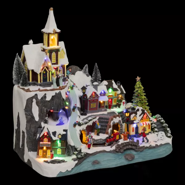 Village de Noël lumineux animé et musical (H45 cm) Grande église et train