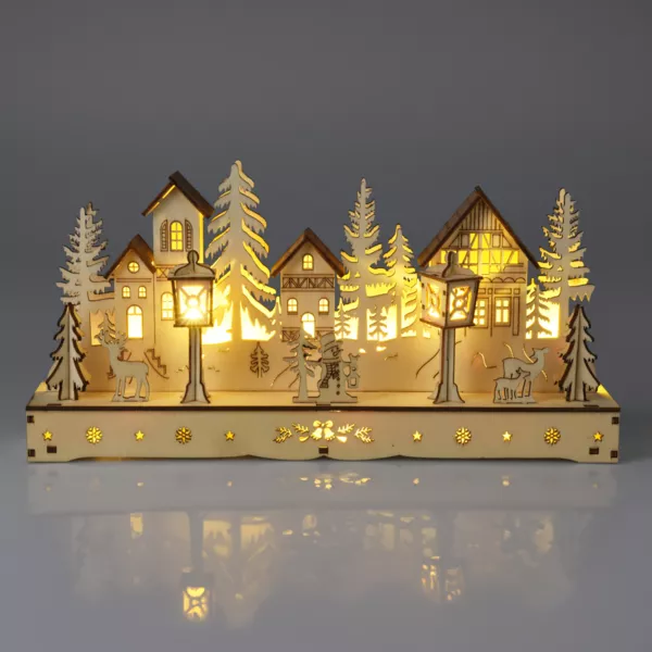Houten Kerstdorp met licht op batterijen (29 x H14 cm) Betoverend Plein Natuurlijk