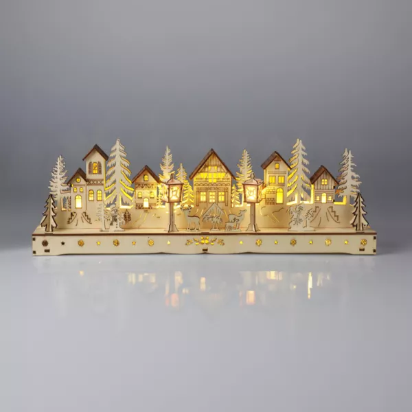 Pueblo de Navidad luminoso de madera a pilas (45 x H15 cm) Plaza encantada Natural