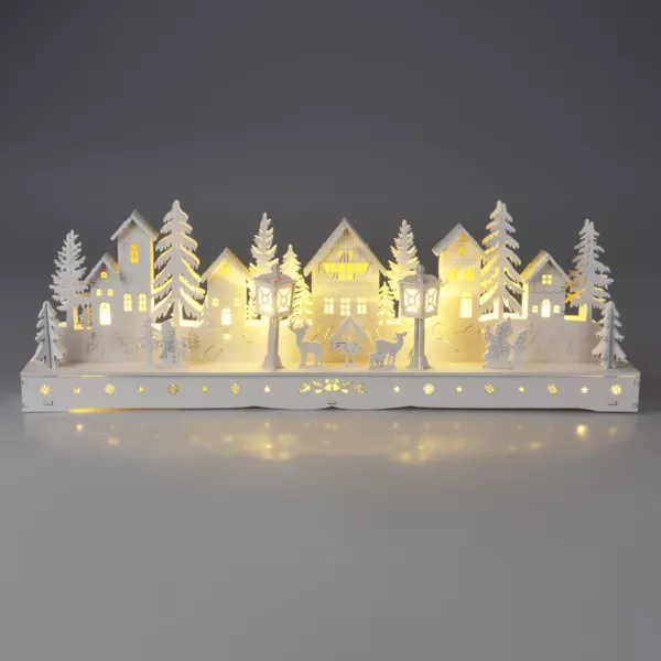 Lysende trjulelandsby med batteri (45 x H15 cm) Fortryllet plads Hvid