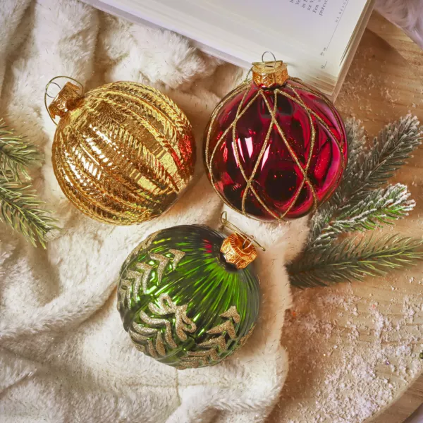 Set von 12 Weihnachtskugeln aus Glas (D100 mm) Trumerei Bordeaux, Tannengr?n und Gold