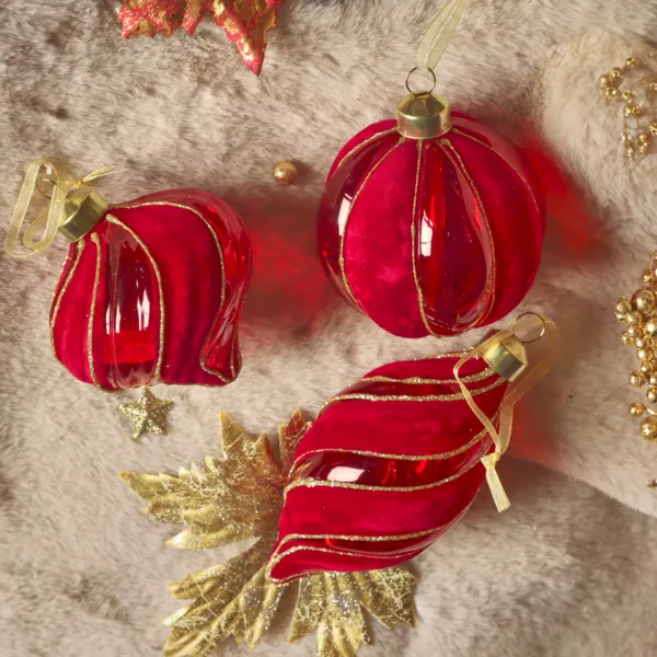 Lot de 12 boules de Noël en verre (D80 mm) Velours chic Rouge