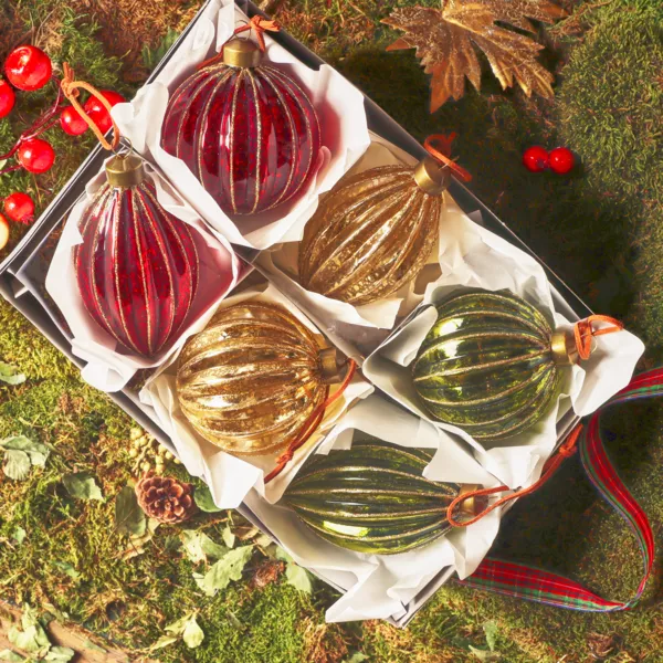 Lot de 12 Boules de No�l en verre (D80 mm) Paillettes d'Or, vert et bordeaux