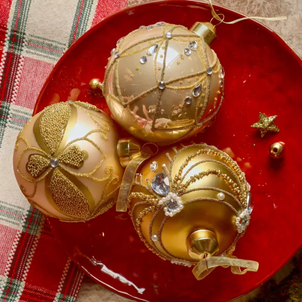 Lot de 12 boules de Noël en verre (D80 mm) Altesse Or et perle