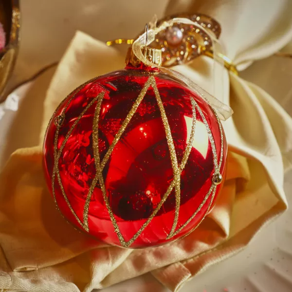 Lote de 6 bolas de Navidad de vidrio (D80 mm) Prestige Rojo con purpurina dorada