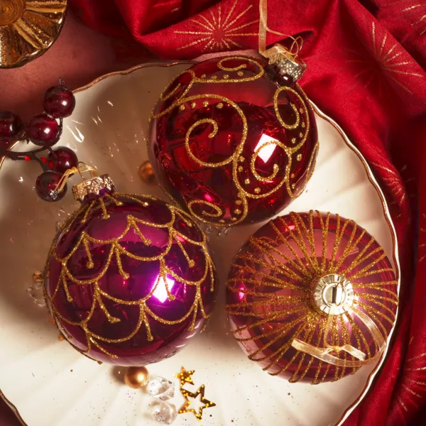 Lot de 12 boules de Nol en verre (D80 mm) Palais Italiens Figue et or