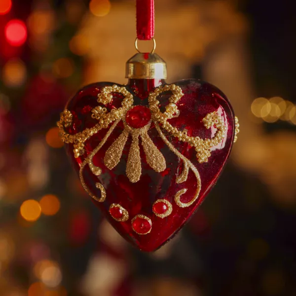 Lot de 2 suspensions de Noël en verre (H8 cm) Coeurs précieux Bordeaux pailleté or