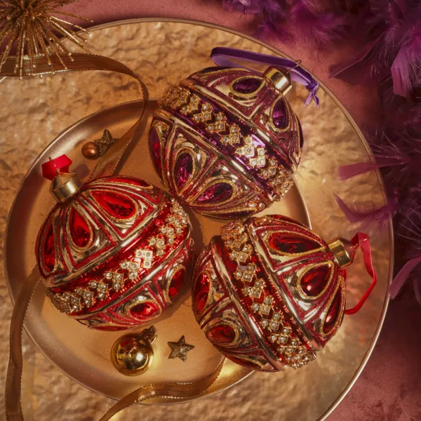 Lot de 12 boules de Noël en verre (D100mm) Diamant Rocaille Rouge et violet