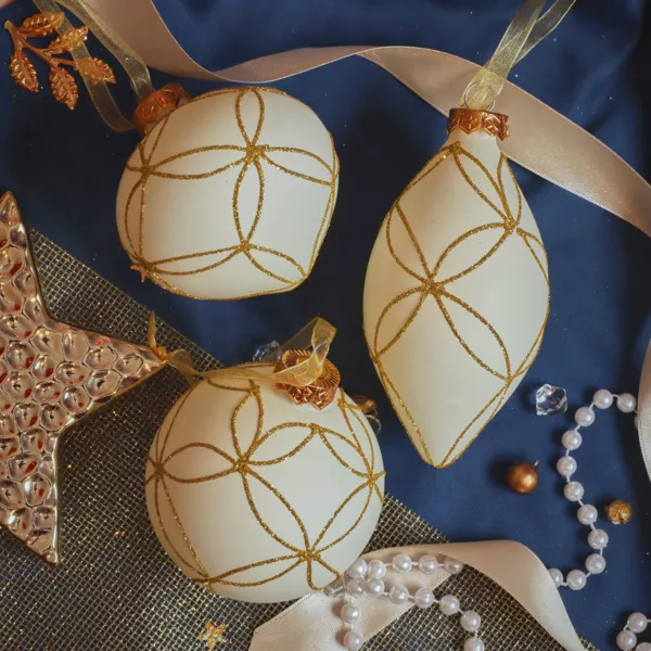 Set van 12 kerstballen van glas (D80 mm) Parijs glitter Wit wol