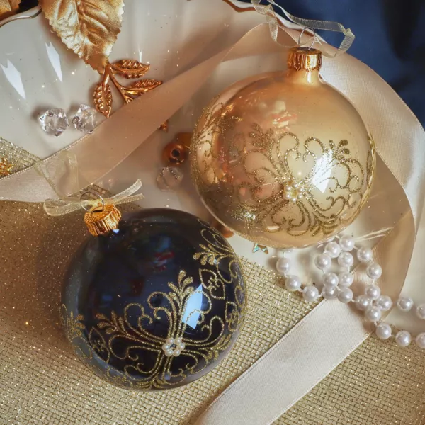 Lot de 6 boules de Nol en verre (D80 mm) Marie-Antoinette Bleu nuit et perle