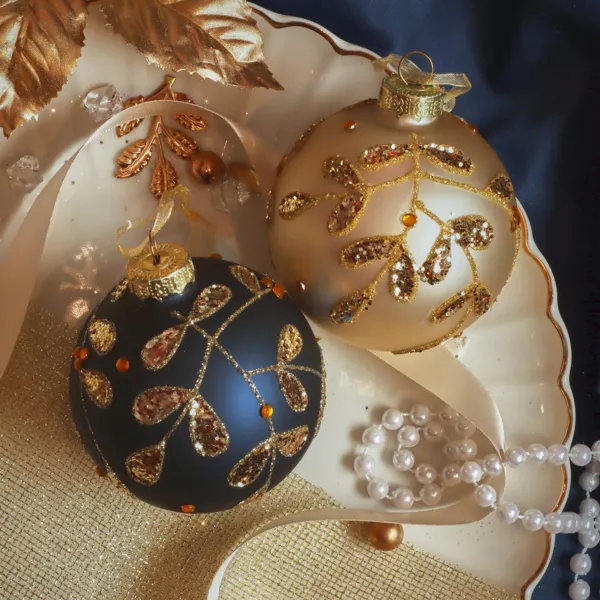 Lot de 12 boules de Noël en verre (D80 mm) Feuilles d'Or, bleu nuit et perle