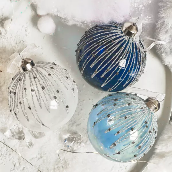 Lot de 12 boules de Noël en verre (D80 mm) Perles d'hiver Bleu