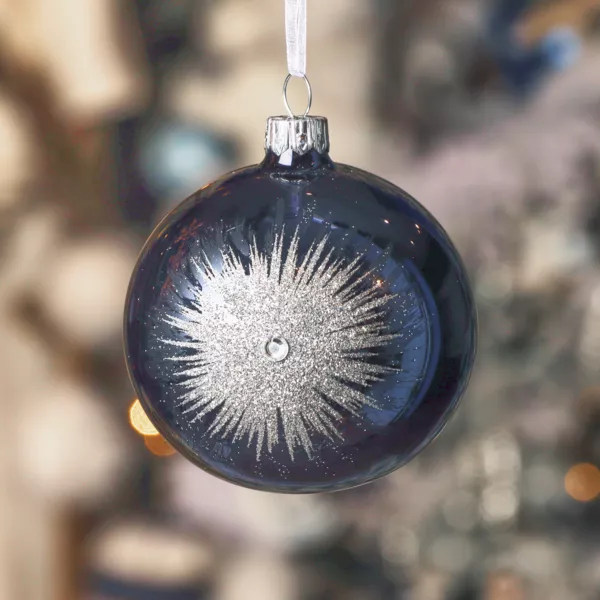 Sæt med 6 julekugler i glas (D80 mm) Vintergnist Natblå og Sølv