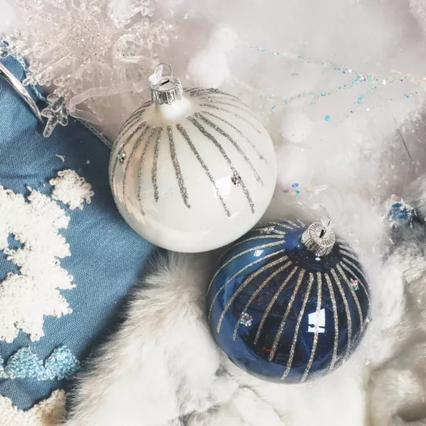 Lot de 6 boules de Noël en verre (D80 mm) Mistery Bleu nuit et blanc