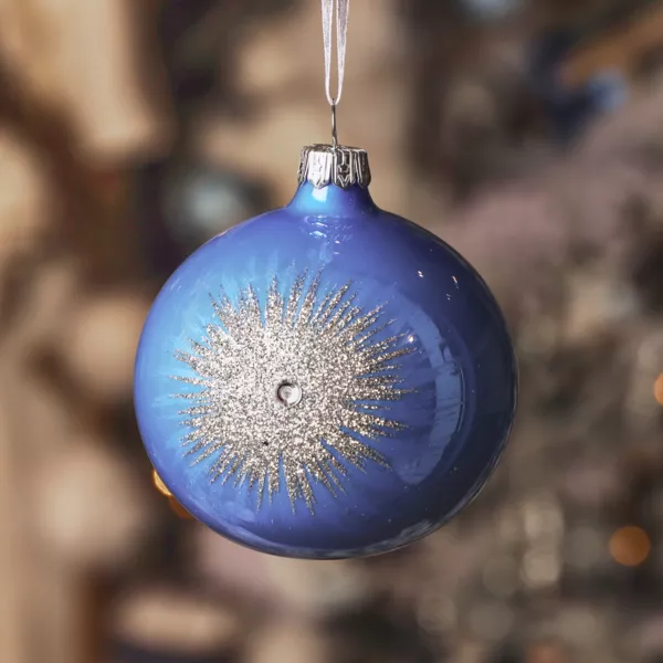Lot de 6 boules de Noël en verre (D80 mm) Etincelle d'hiver Bleu ciel et Argent