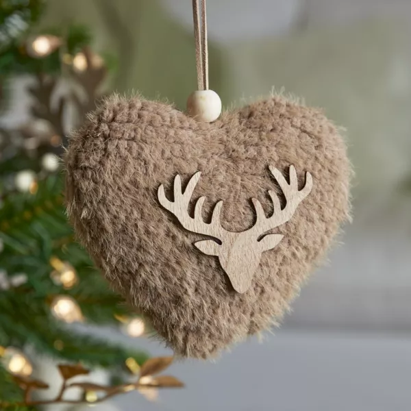 Suspension de Noël en bois (H15 cm) Coeur fourrure Marron