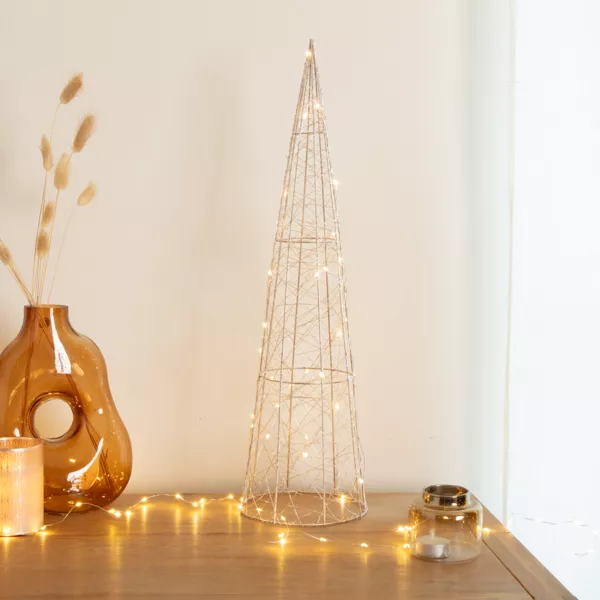 Cône lumineux à piles 30 LED (H60 cm) Pyramide Or et Blanc chaud