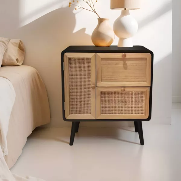 Mesita de noche madera con rejilla de ratán (L50 x A55 cm) Osaka Negra y madera