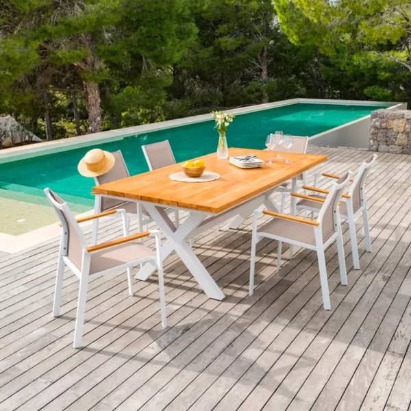 Table de jardin en aluminium et bois teck 8 places (200 x 100 cm) Bali Blanc