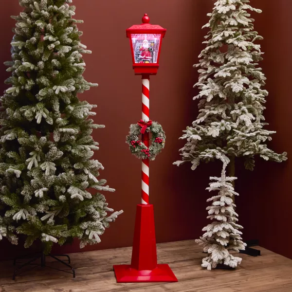 Verlichte en geanimeerde Kerstlantaarnpaal 33 LED (H180 cm) Vallende sneeuw Rood