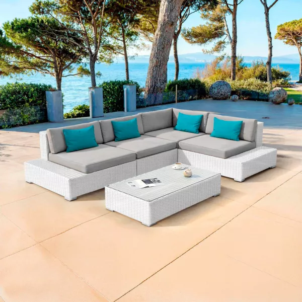 Conjunto de jardín esquinero de resina trenzada 5 plazas Palma Blanco y gris