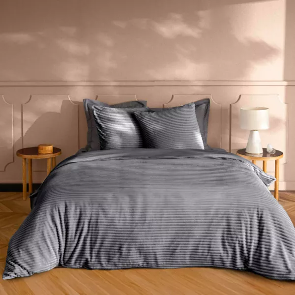 Housse de couette et deux taies d'oreiller flanelle (240 x 220 cm) Veloutea Gris anthracite
