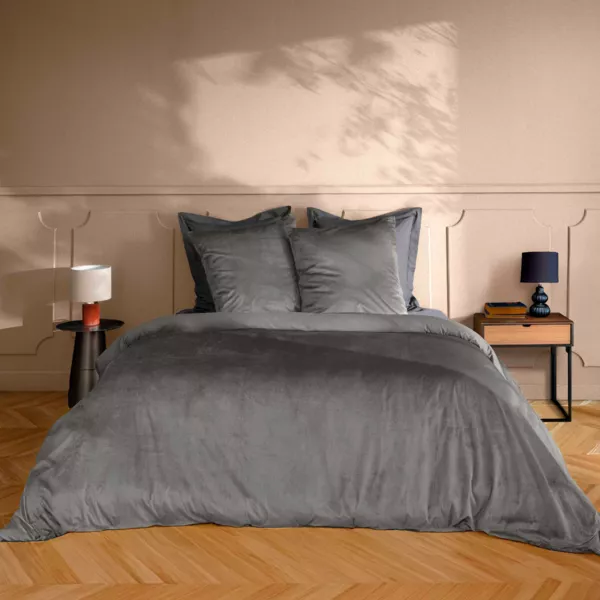Housse de couette et deux taies d'oreiller velours (240 x 220 cm) Velina Gris anthracite