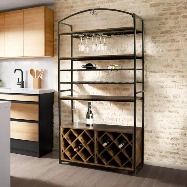 Meuble range-bouteilles industriel 32 emplacements et porte-verres (H180 cm) Marceau Marron