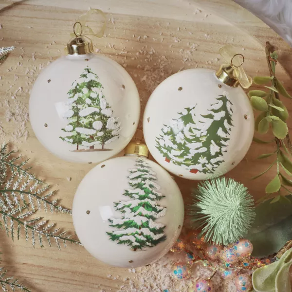 Lot de 3 boules de Noël en verre (D80 mm) Forêt mystique Blanc laine