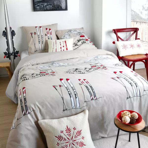 Housse de couette et deux taies d'oreiller en coton (240 x 220 cm) Alpes Ecru