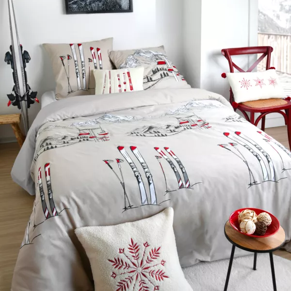 Housse de couette et deux taies d'oreiller en coton (260 x 240 cm) Alpes Ecru