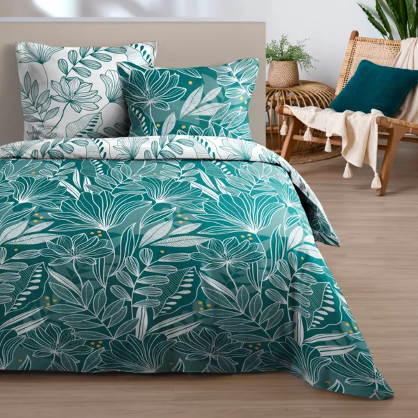 Housse de couette et deux taies d'oreiller en coton (260 x 240 cm) Douala Bleu pétrole