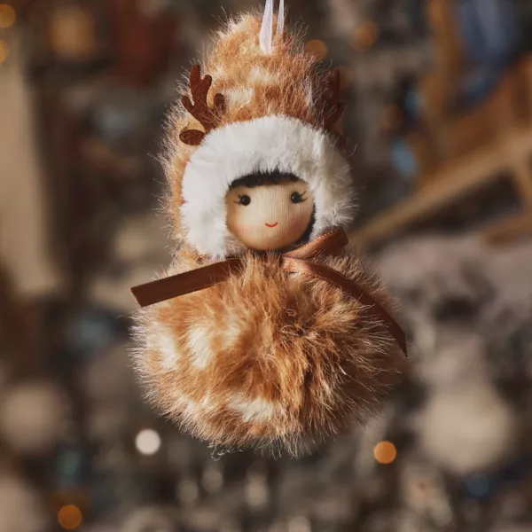 Suspension de Noël (H15 cm) Pompon en fourrure Marron clair