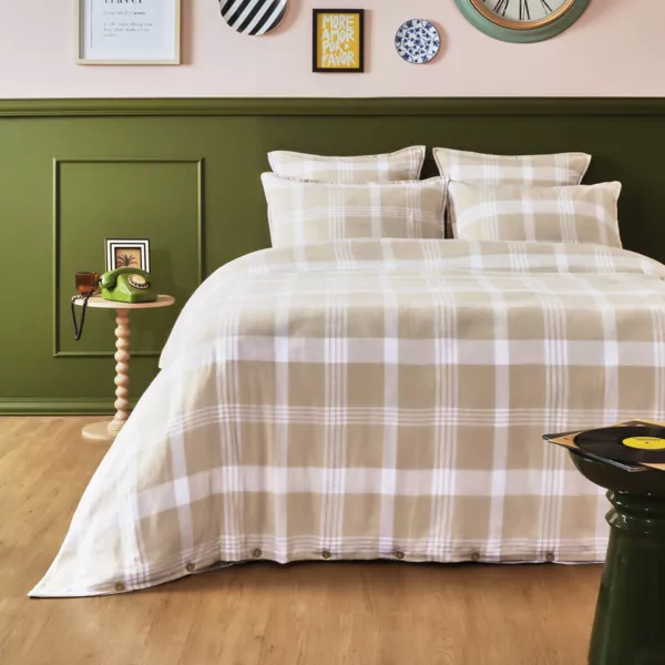 Katoenen flanellen dekbedovertrek (280 x 240 cm) Nina geruit Beige