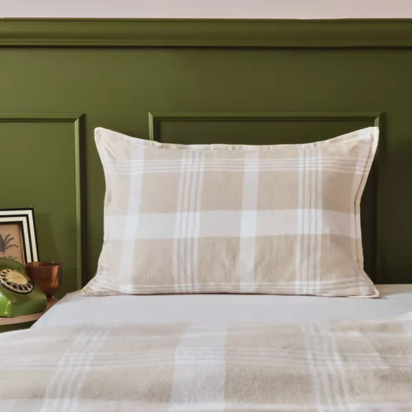 Funda de almohada rectangular de franela de algodón (50 x 80 cm) Nina cuadros Beige