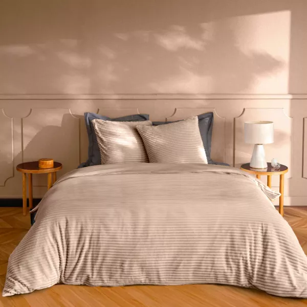 Dekbedovertrek en twee flanellen kussenslopen (240 x 220 cm) Veloutea Beige zand