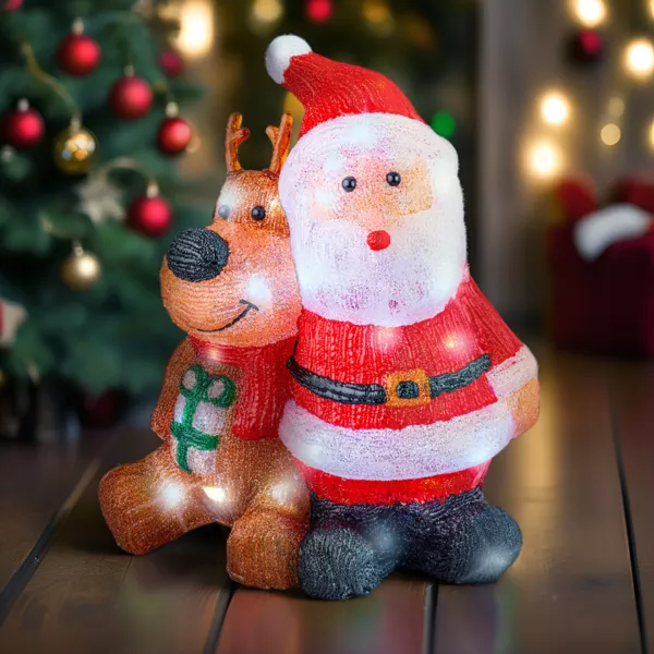 Papá Noel y Reno luminoso solar 80 LED (H40 cm) Los amigos Blanco frío
