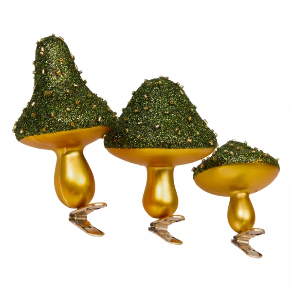 Set von 3 Pilzen auf Klammer (H10 cm) Weihnachtsglitzer Grün